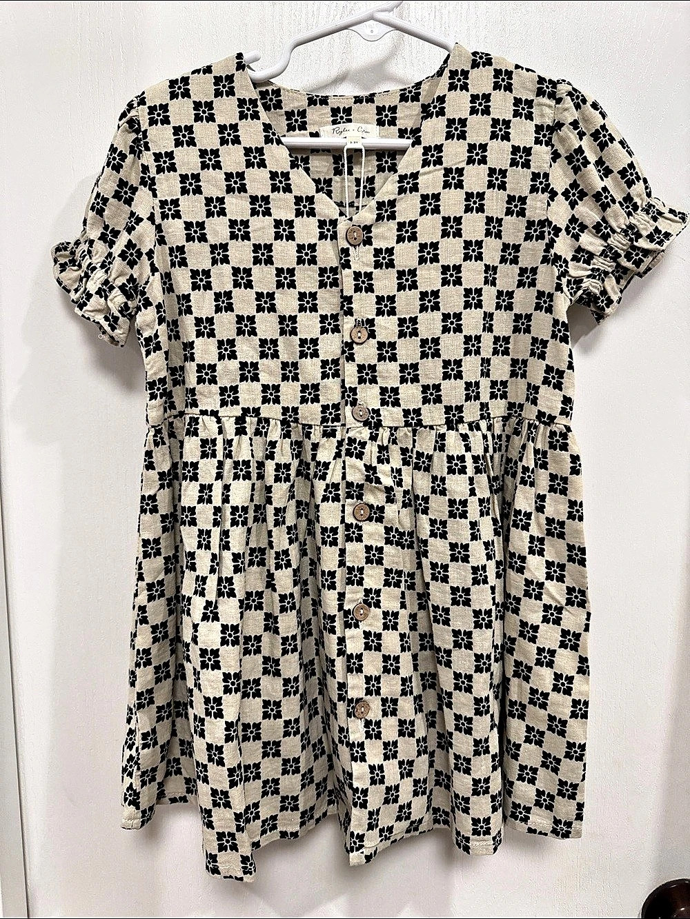 Rylee + Cru Josie Dress Girls Checkered Black & Cream 2-3Y